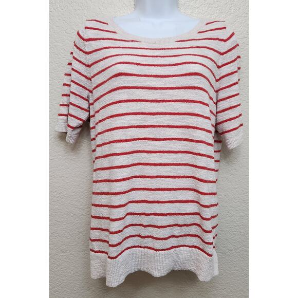 Loft Red Cream Striped Tight Knit Top Large Lightweight Soft Stretch Round Neck - Picture 1 of 5